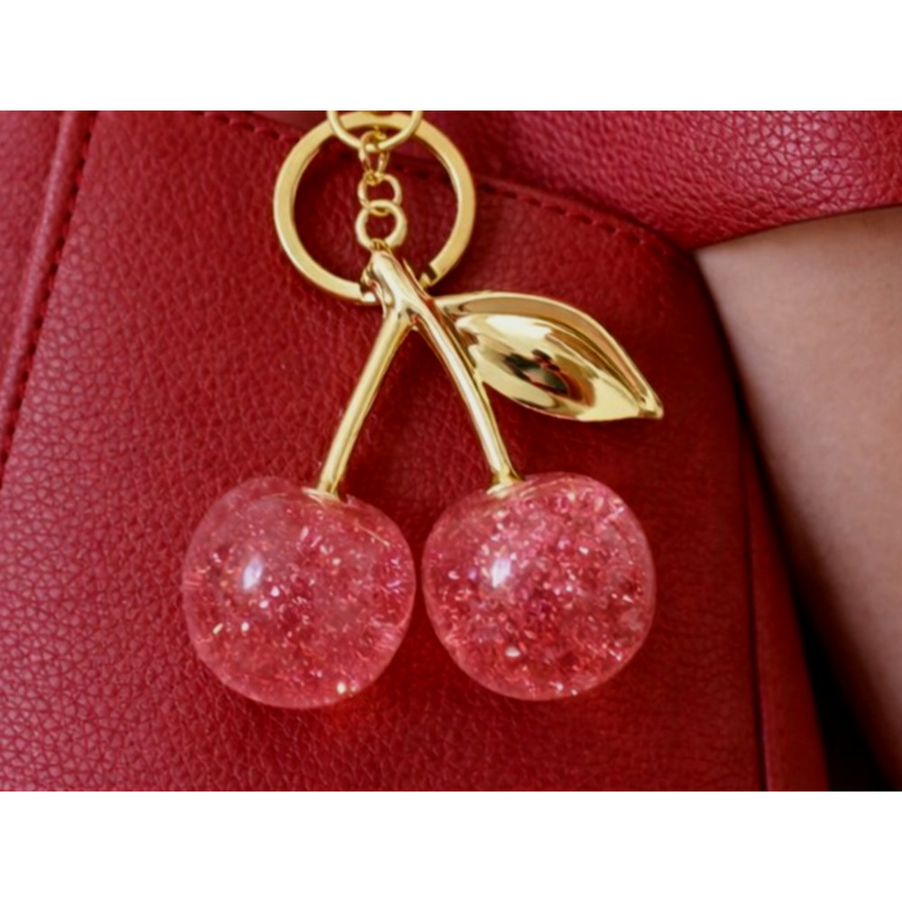 Pink Shimmer Cherry Keychain Bag Charm Gold Tone Resin Lobster Clasp New